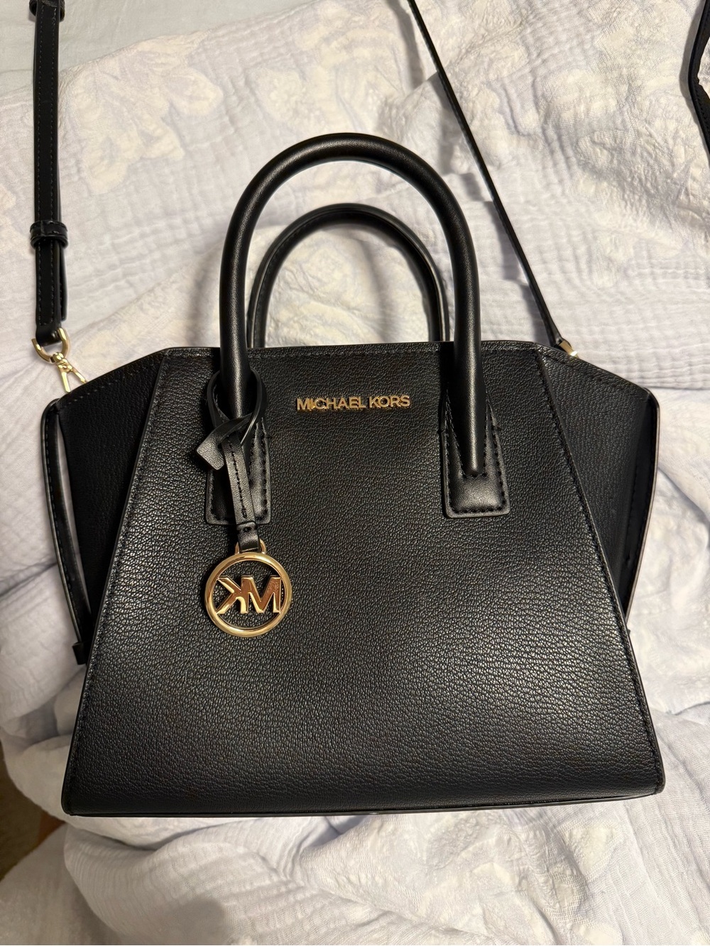 Michael Kors Black Pebbled Leather Satchel with Gold Logo Charm